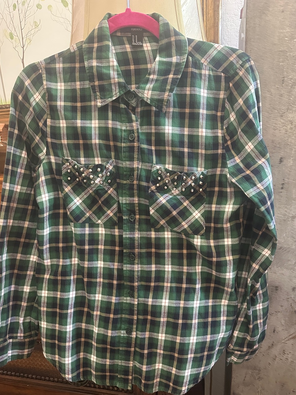 Forever 21 Green Plaid Studded Pocket Button-Up Shirt
